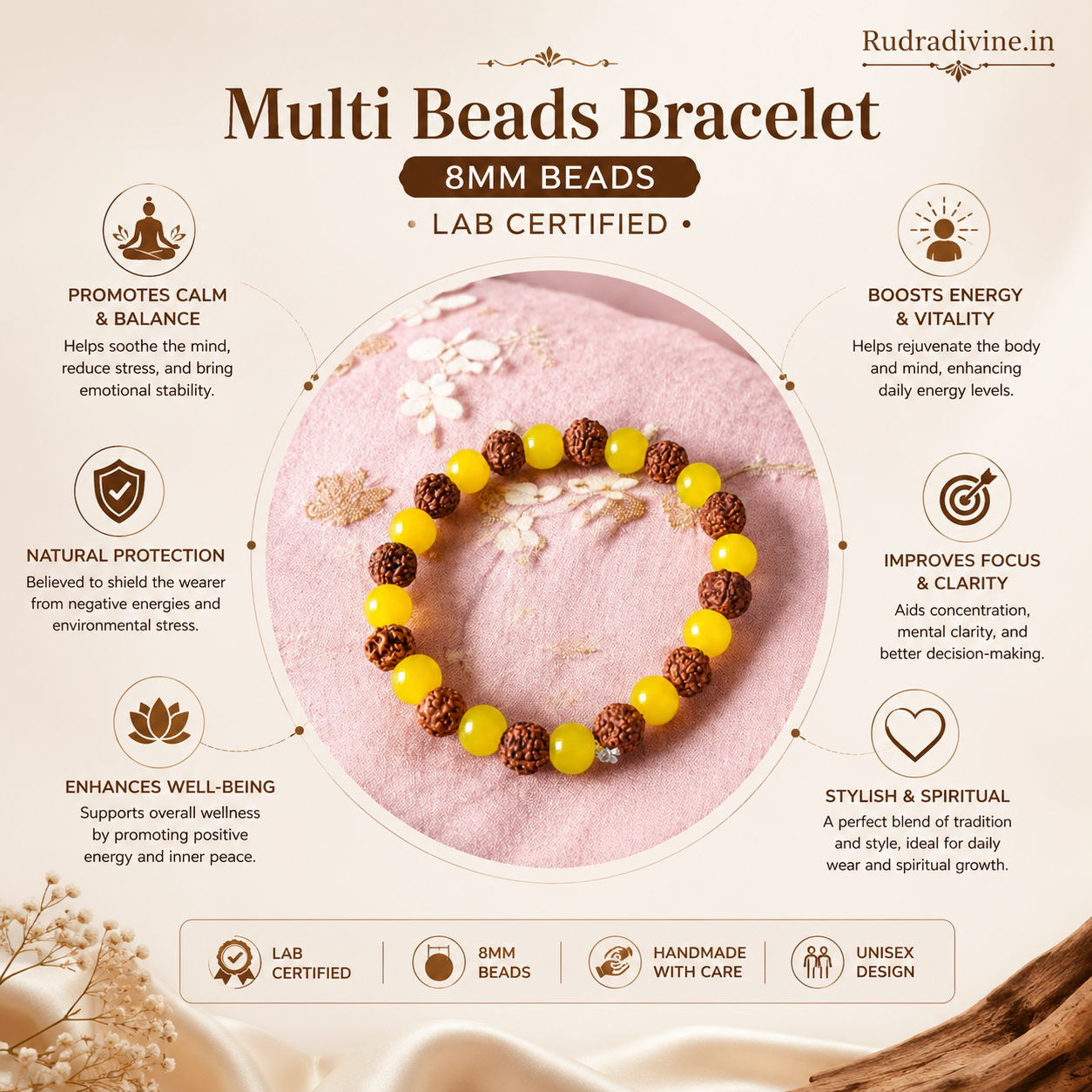 Multi Beads Bracelet with 8MM beads, lab certified by Rudradivine for spiritual wear, meditation, positive energy and everyday wellness.