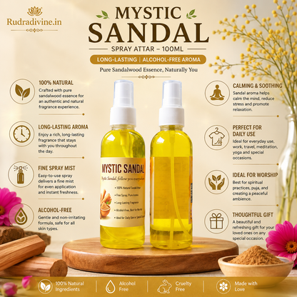 Mystic Sandal Spray Attar 100ml with rich sandalwood Chandan aroma, long-lasting fragrance, alcohol-free formula and convenient spray bottle by Rudradivine.