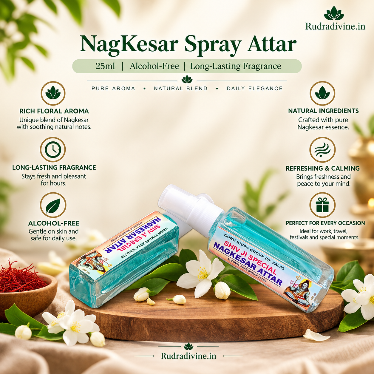 NagKesar Spray Attar 25ml with rich aromatic long-lasting fragrance by Rudradivine, alcohol-free perfume suitable for puja, meditation, prayer, home & daily use.