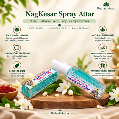 NagKesar Spray Attar 25ml with rich aromatic long-lasting fragrance by Rudradivine, alcohol-free perfume suitable for puja, meditation, prayer, home & daily use.