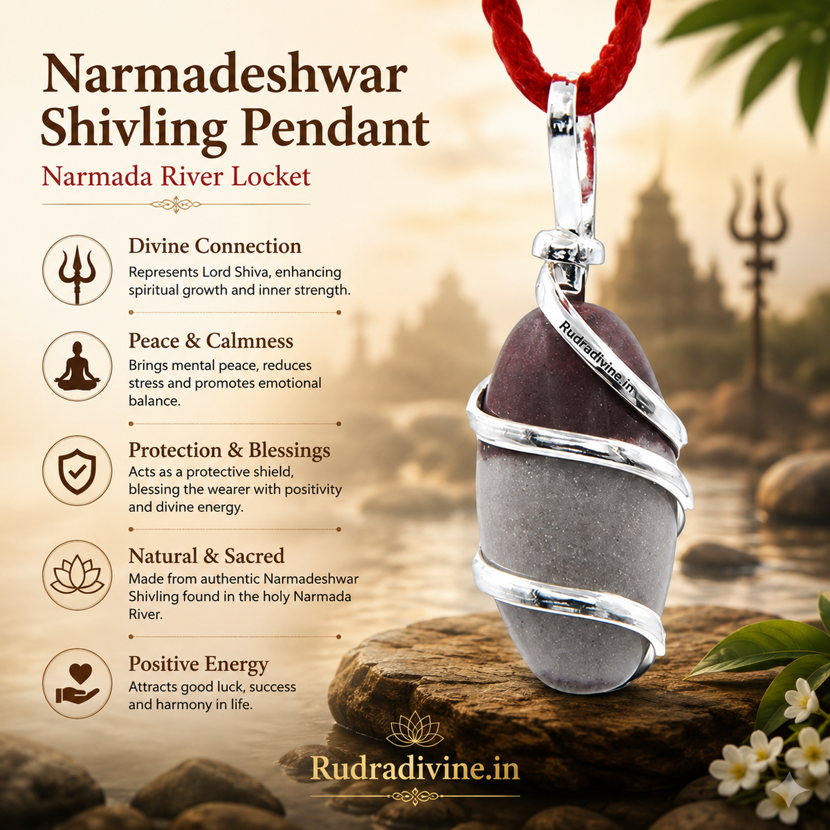 Narmadeshwar Shivling Pendant inspired by the sacred Narmada River and Lord Shiva, designed as a spiritual locket for devotees by Rudradivine.