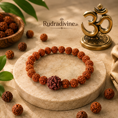 Natural 5 Face Rudraksha Bracelet with natural 8MM Panchmukhi Rudraksha beads and official Lab Certificate by Rudradivine for spiritual and daily wear.
