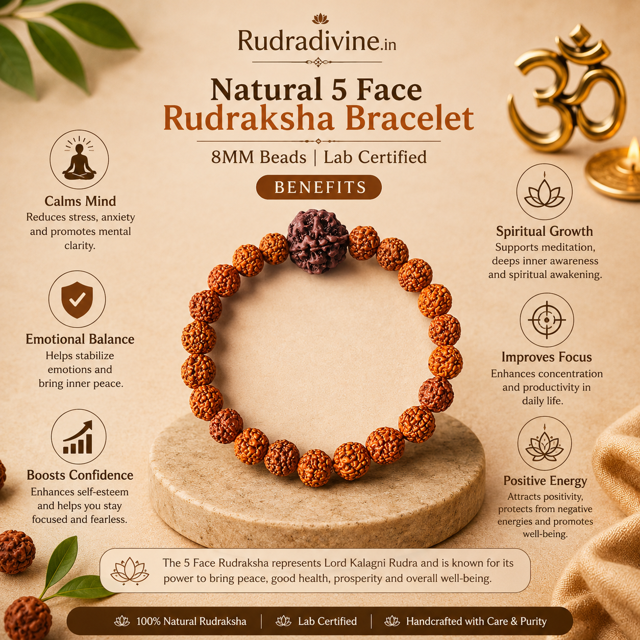Natural 5 Face Rudraksha Bracelet with natural 8MM Panchmukhi Rudraksha beads and official Lab Certificate by Rudradivine for spiritual and daily wear.