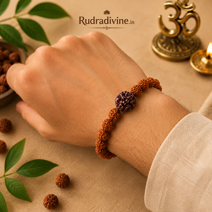 Natural 5 Face Rudraksha Bracelet with natural 8MM Panchmukhi Rudraksha beads and official Lab Certificate by Rudradivine for spiritual and daily wear.