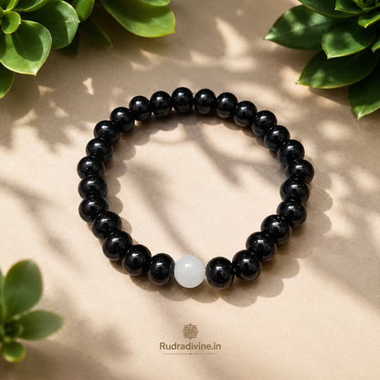Natural Black & White Agate Bracelet 8MM beads with official Lab Certificate by Rudradivine, traditionally associated with grounding, balance, protection and spiritual wear.