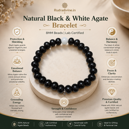 Natural Black & White Agate Bracelet 8MM beads with official Lab Certificate by Rudradivine, traditionally associated with grounding, balance, protection and spiritual wear.
