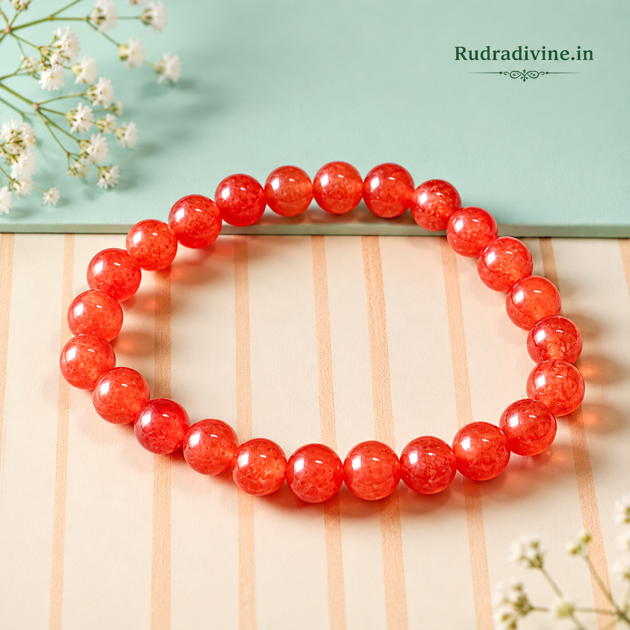 Natural Carnelian Bracelet 8MM with natural gemstone beads and official Lab Certificate by Rudradivine for confidence, vitality, focus and spiritual wellness.