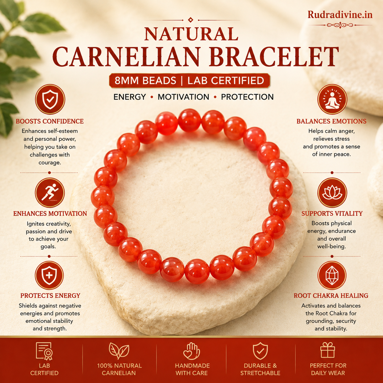 Natural Carnelian Bracelet 8MM with natural gemstone beads and official Lab Certificate by Rudradivine for confidence, vitality, focus and spiritual wellness.