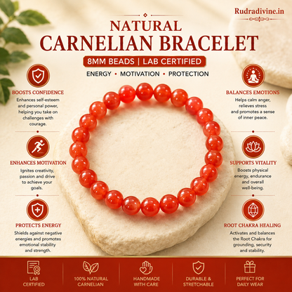 Natural Carnelian Bracelet 8MM with natural gemstone beads and official Lab Certificate by Rudradivine for confidence, vitality, focus and spiritual wellness.