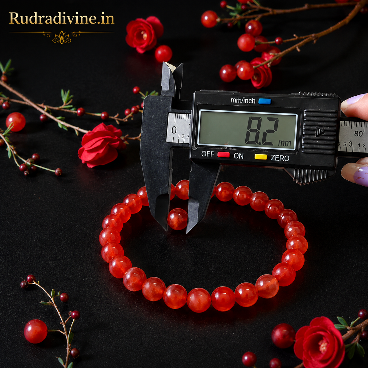 Natural Carnelian Bracelet 8MM with natural gemstone beads and official Lab Certificate by Rudradivine for confidence, vitality, focus and spiritual wellness.