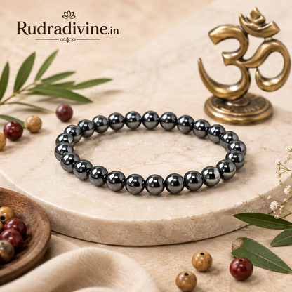 Natural Hematite Bracelet with 8-9MM beads, traditionally associated with protection and grounding, with official Lab Certificate by Rudradivine.