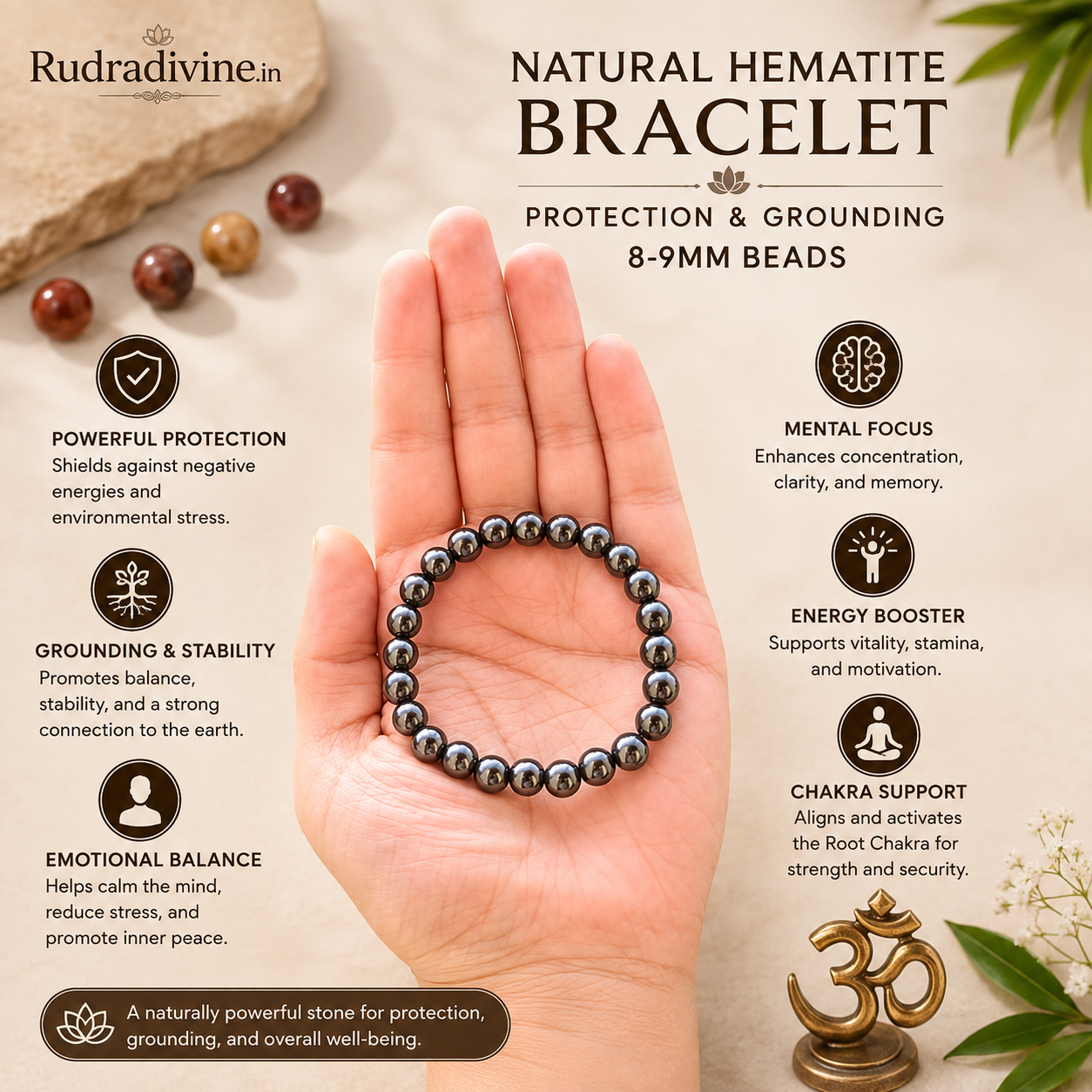 Natural Hematite Bracelet with 8-9MM beads, traditionally associated with protection and grounding, with official Lab Certificate by Rudradivine.