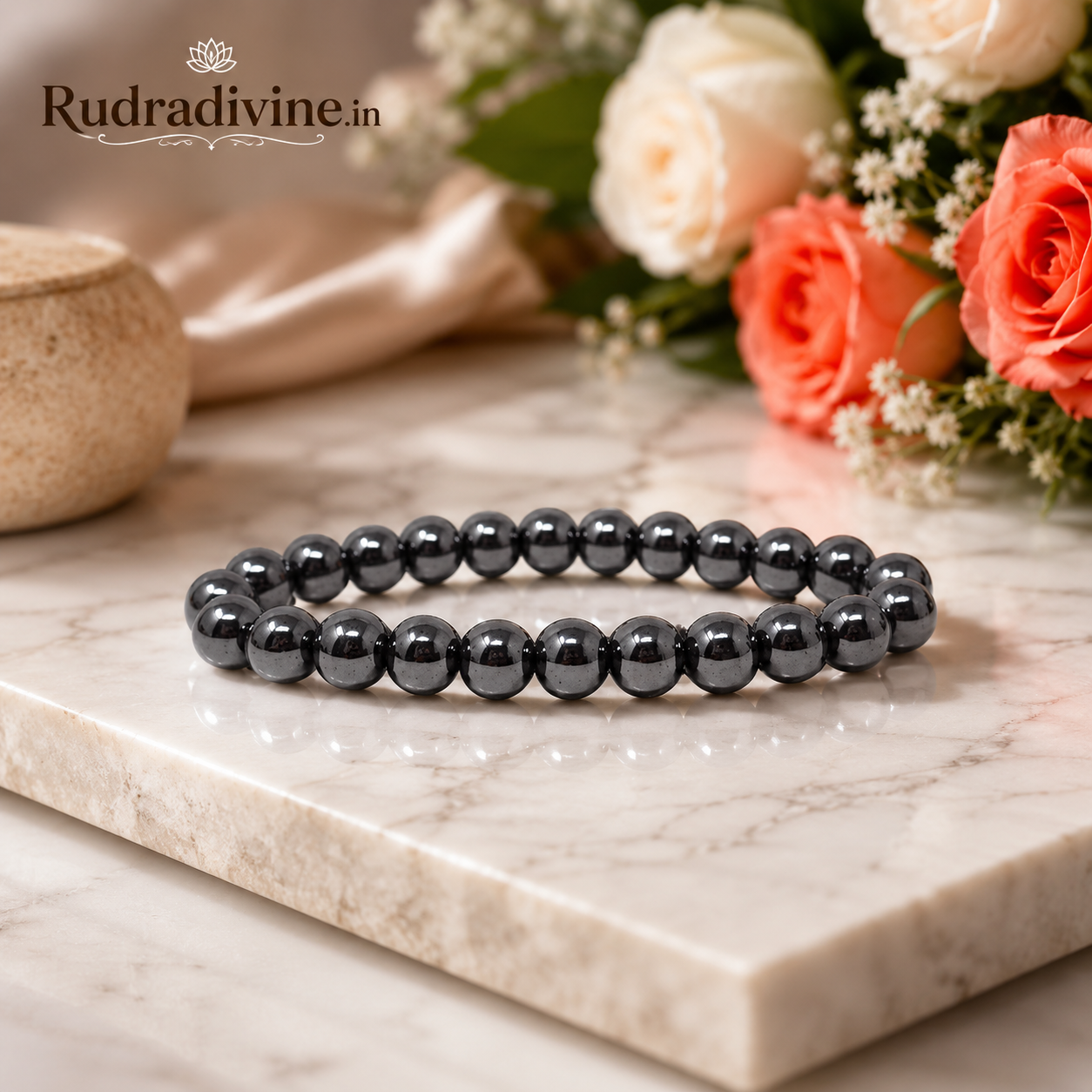 Natural Hematite Bracelet with 8-9MM beads, traditionally associated with protection and grounding, with official Lab Certificate by Rudradivine.