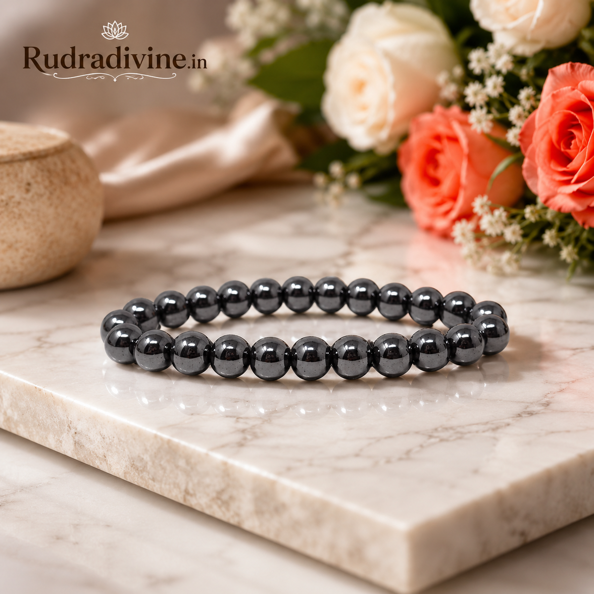 Natural Hematite Bracelet with 8-9MM beads, traditionally associated with protection and grounding, with official Lab Certificate by Rudradivine.