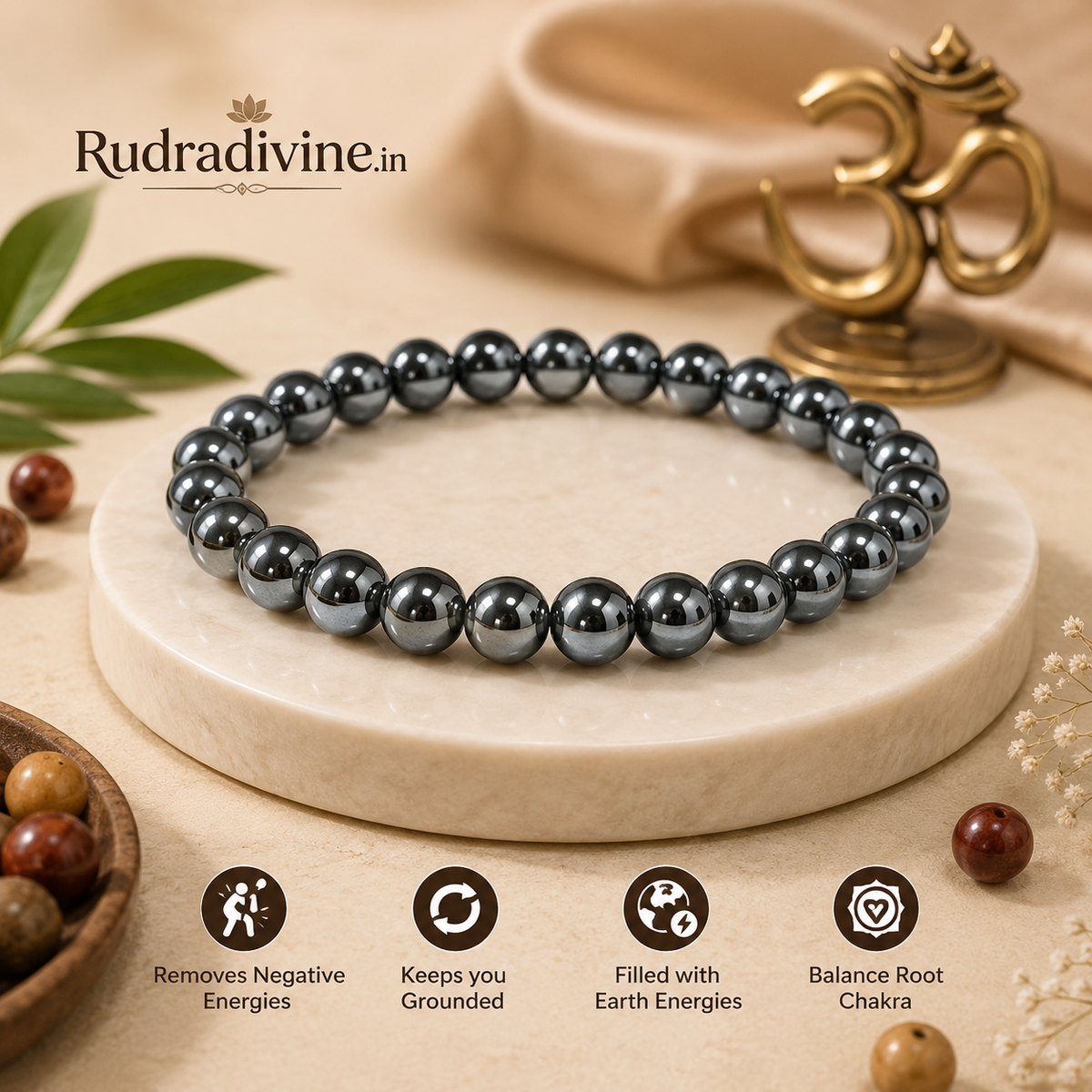 Natural Hematite Bracelet with 8-9MM beads, traditionally associated with protection and grounding, with official Lab Certificate by Rudradivine.