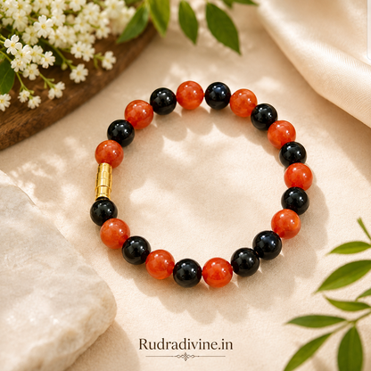 Natural Hessonite & Black Agate Bracelet with 8MM beads, lab certified by Rudradivine for traditional spiritual, grounding and protective practices.