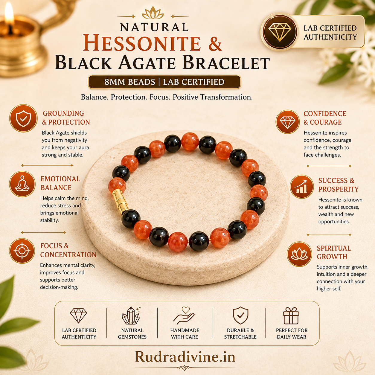 Natural Hessonite & Black Agate Bracelet with 8MM beads, lab certified by Rudradivine for traditional spiritual, grounding and protective practices.