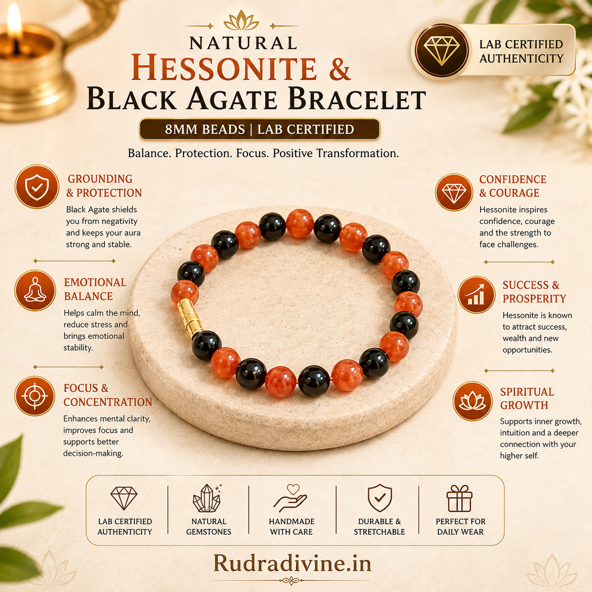 Natural Hessonite & Black Agate Bracelet with 8MM beads, lab certified by Rudradivine for traditional spiritual, grounding and protective practices.