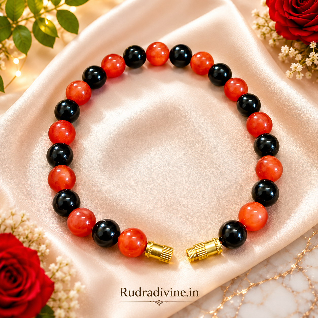 Natural Hessonite & Black Agate Bracelet with 8MM beads, lab certified by Rudradivine for traditional spiritual, grounding and protective practices.