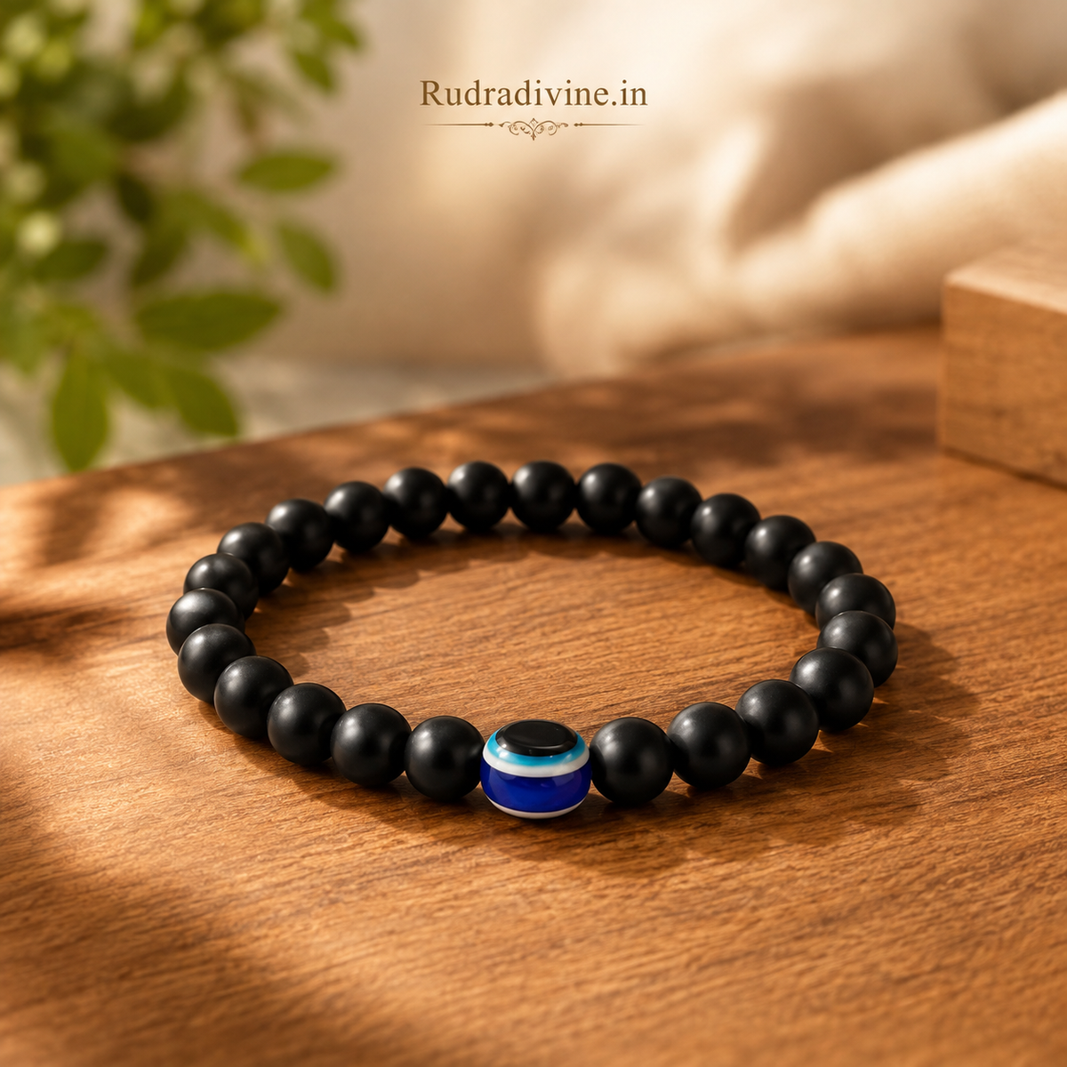 Natural Karungali Bracelet 8MM Ebony Beads with Evil Eye Bead and official Lab Certificate by Rudradivine for spiritual protection, grounding and positivity.