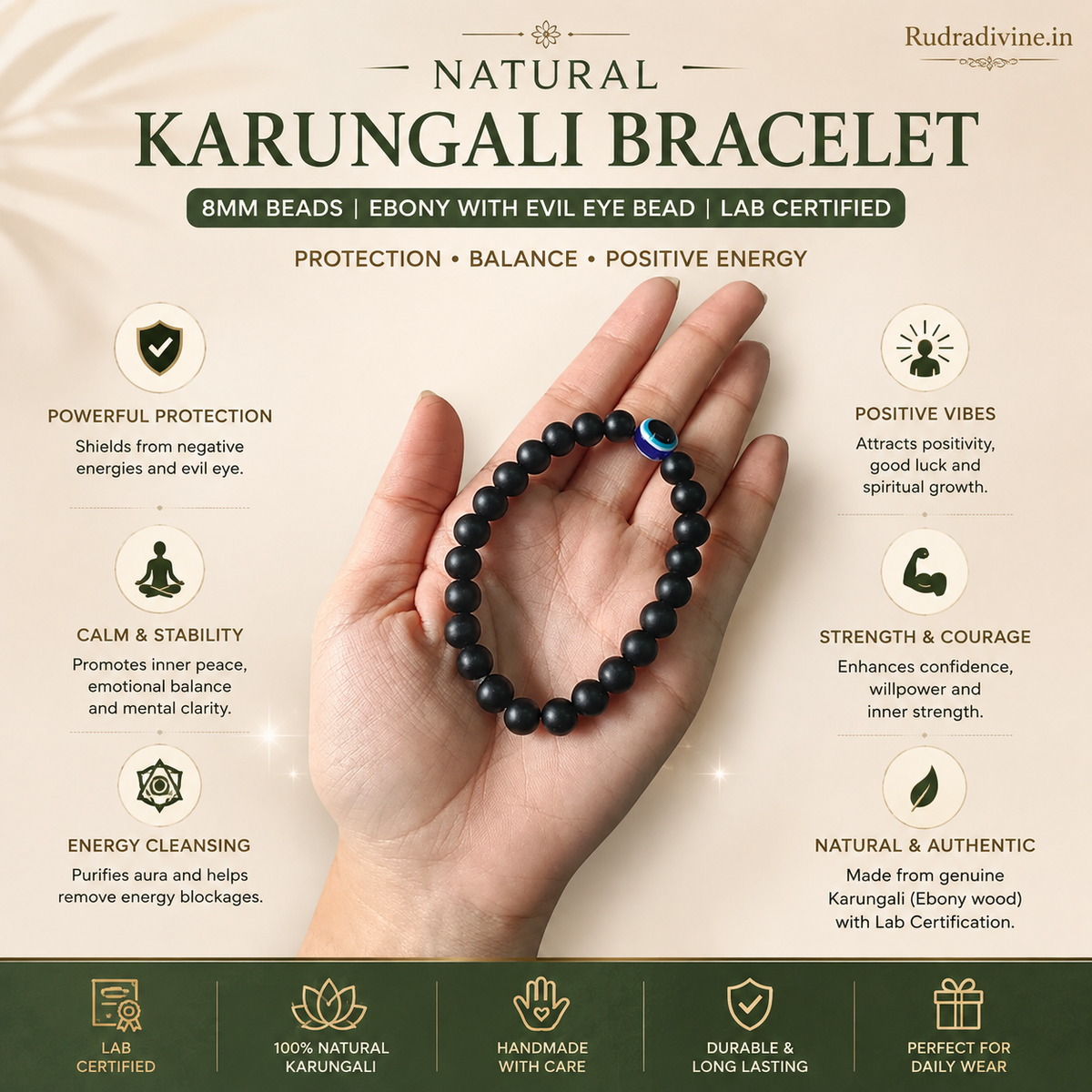 Natural Karungali Bracelet 8MM Ebony Beads with Evil Eye Bead and official Lab Certificate by Rudradivine for spiritual protection, grounding and positivity.