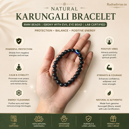 Natural Karungali Bracelet 8MM Ebony Beads with Evil Eye Bead and official Lab Certificate by Rudradivine for spiritual protection, grounding and positivity.