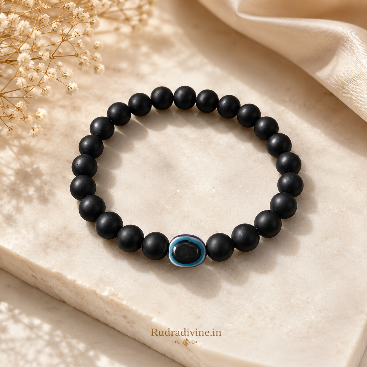Natural Karungali Bracelet 8MM Ebony Beads with Evil Eye Bead and official Lab Certificate by Rudradivine for spiritual protection, grounding and positivity.