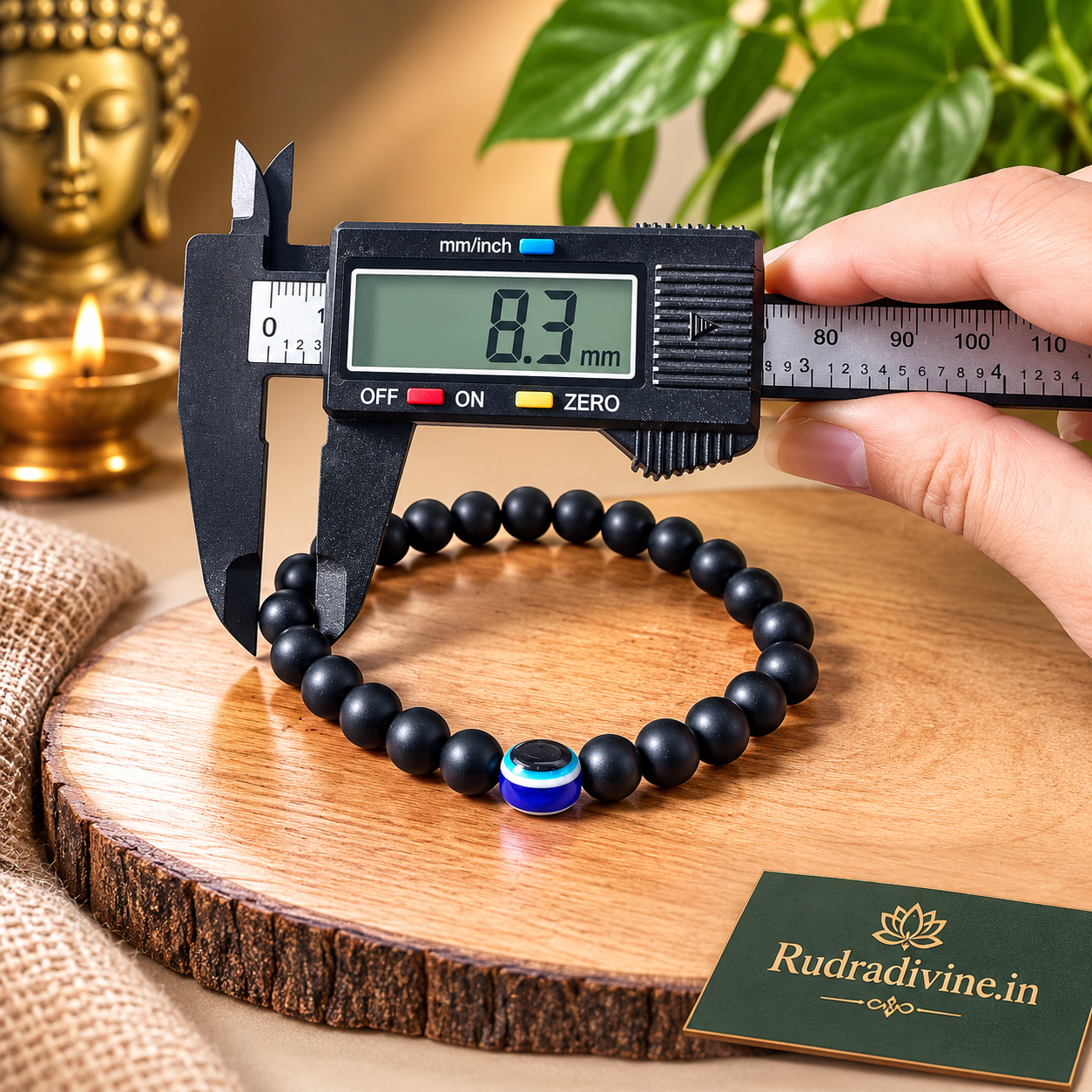 Natural Karungali Bracelet 8MM Ebony Beads with Evil Eye Bead and official Lab Certificate by Rudradivine for spiritual protection, grounding and positivity.