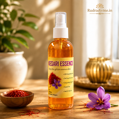 Natural Kesari Essence Spray Attar 100ml with warm Kesari-inspired aroma, long-lasting fragrance, alcohol-free formula and convenient spray bottle by Rudradivine.