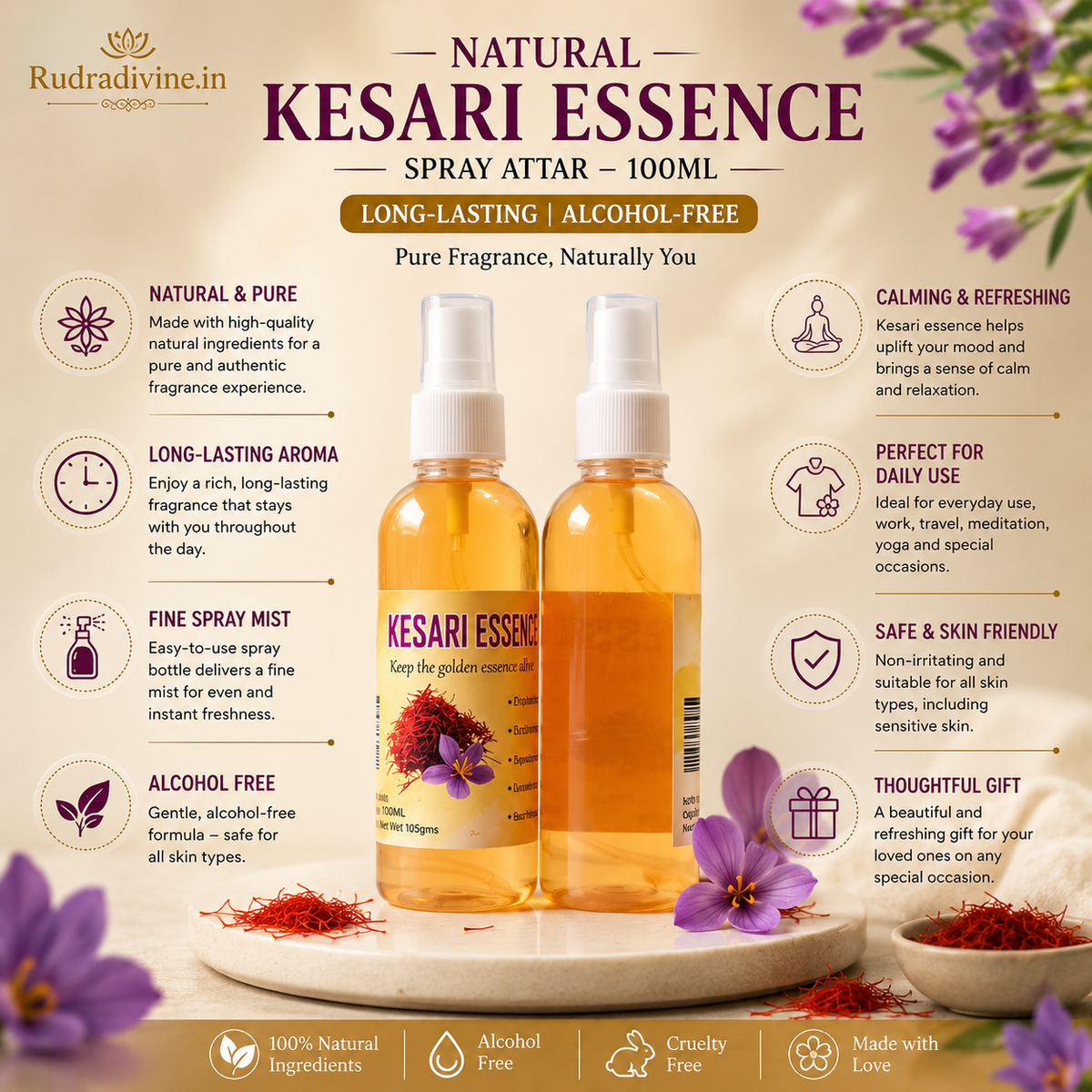 Natural Kesari Essence Spray Attar 100ml with warm Kesari-inspired aroma, long-lasting fragrance, alcohol-free formula and convenient spray bottle by Rudradivine.