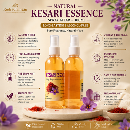 Natural Kesari Essence Spray Attar 100ml with warm Kesari-inspired aroma, long-lasting fragrance, alcohol-free formula and convenient spray bottle by Rudradivine.