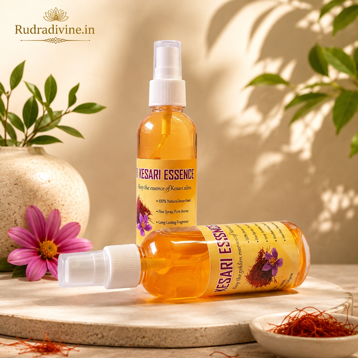 Natural Kesari Essence Spray Attar 100ml with warm Kesari-inspired aroma, long-lasting fragrance, alcohol-free formula and convenient spray bottle by Rudradivine.