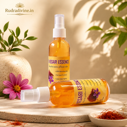 Natural Kesari Essence Spray Attar 100ml with warm Kesari-inspired aroma, long-lasting fragrance, alcohol-free formula and convenient spray bottle by Rudradivine.
