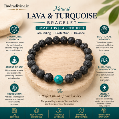 Natural Lava & Turquoise Bracelet 8MM beads with official Lab Certificate by Rudradivine, featuring natural stone beads for grounding, balance and spiritual wear.