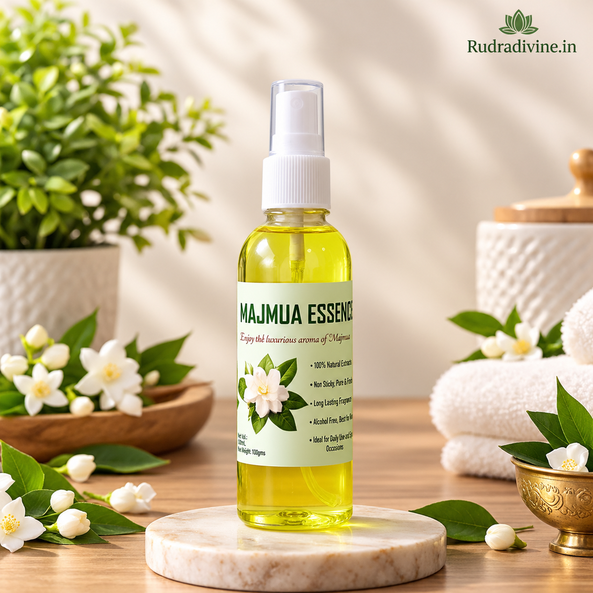 Natural Majmua Essence Spray Attar 100ml with rich aromatic fragrance by Rudradivine, alcohol-free long-lasting spray attar for puja, meditation, prayer & daily use.