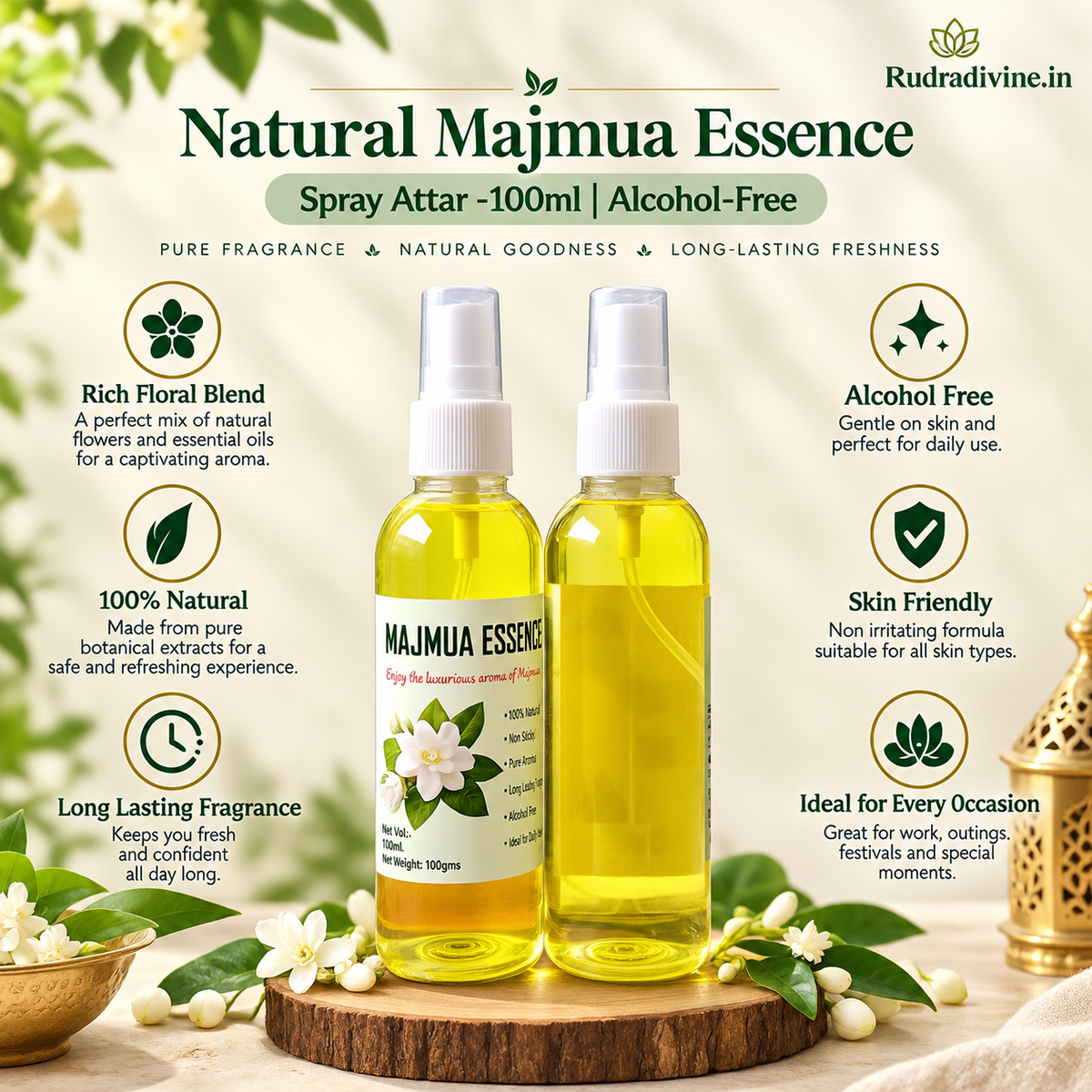 Natural Majmua Essence Spray Attar 100ml with rich aromatic fragrance by Rudradivine, alcohol-free long-lasting spray attar for puja, meditation, prayer & daily use.