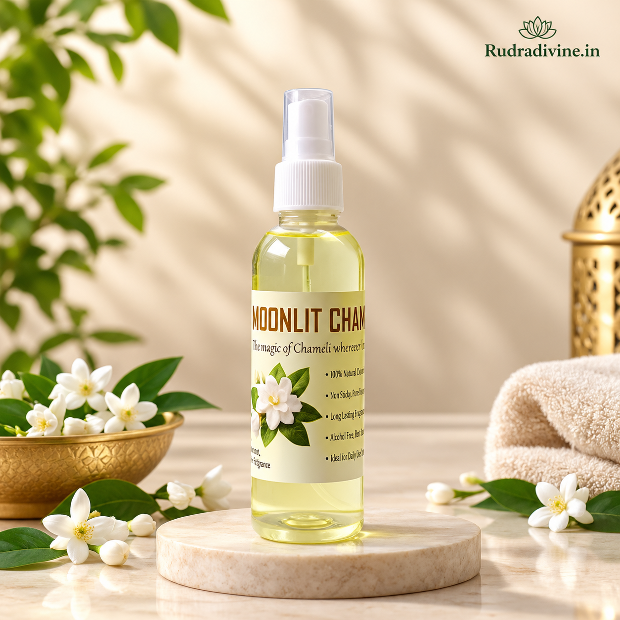 Natural Moonlit Chameli Spray Attar 100ml by Rudradivine featuring a pure, elegant floral fragrance in a convenient spray format for everyday use and occasions.