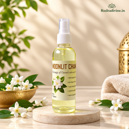 Natural Moonlit Chameli Spray Attar 100ml by Rudradivine featuring a pure, elegant floral fragrance in a convenient spray format for everyday use and occasions.