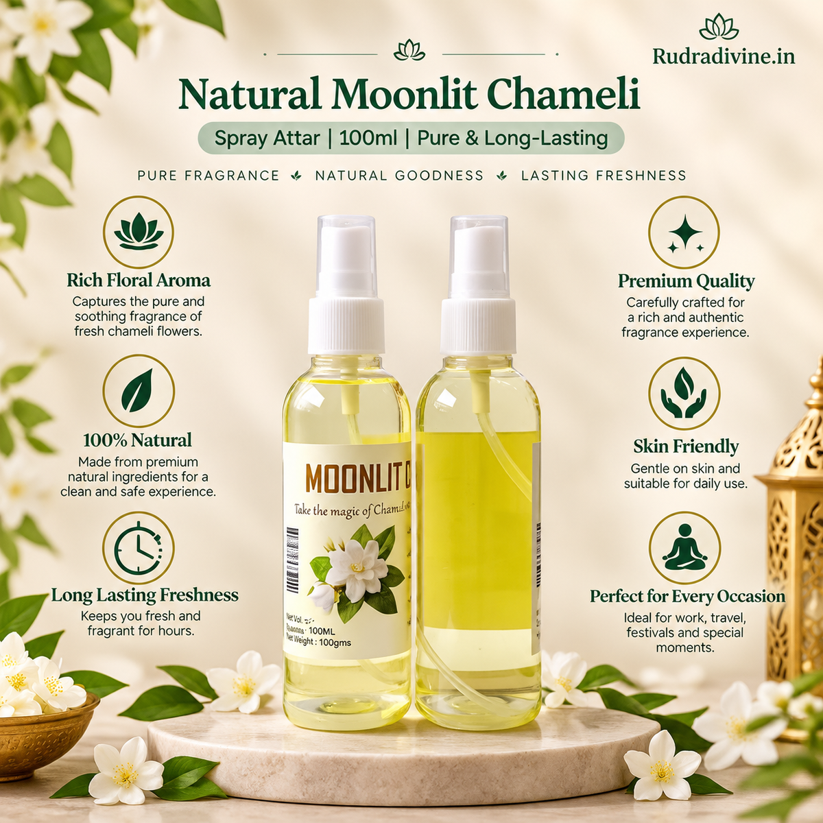 Natural Moonlit Chameli Spray Attar 100ml by Rudradivine featuring a pure, elegant floral fragrance in a convenient spray format for everyday use and occasions.