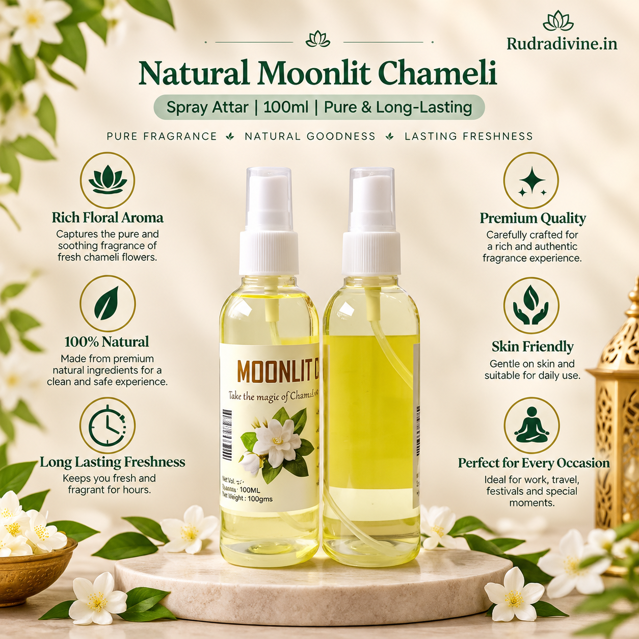 Natural Moonlit Chameli Spray Attar 100ml by Rudradivine featuring a pure, elegant floral fragrance in a convenient spray format for everyday use and occasions.