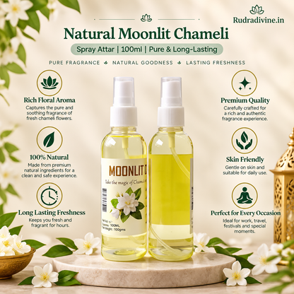 Natural Moonlit Chameli Spray Attar 100ml by Rudradivine featuring a pure, elegant floral fragrance in a convenient spray format for everyday use and occasions.