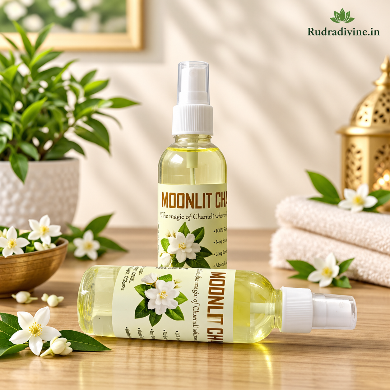 Natural Moonlit Chameli Spray Attar 100ml by Rudradivine featuring a pure, elegant floral fragrance in a convenient spray format for everyday use and occasions.