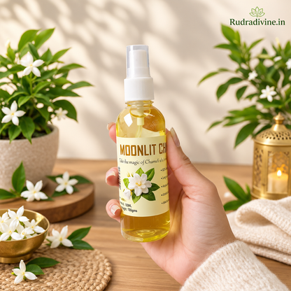 Natural Moonlit Chameli Spray Attar 100ml by Rudradivine featuring a pure, elegant floral fragrance in a convenient spray format for everyday use and occasions.