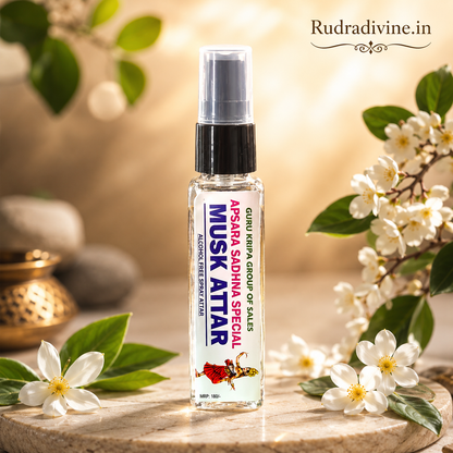 Musk Spray Attar 25ml with alcohol-free natural long-lasting fragrance by Rudradivine, featuring a rich musk-inspired aroma for puja, meditation, home use & gifting.