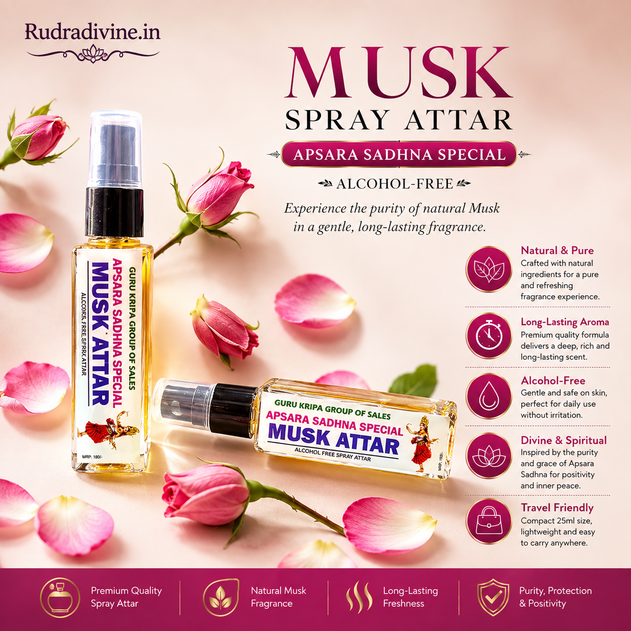 Musk Spray Attar 25ml with alcohol-free natural long-lasting fragrance by Rudradivine, featuring a rich musk-inspired aroma for puja, meditation, home use & gifting.