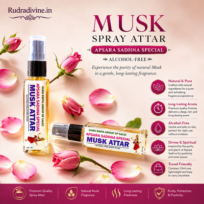 Musk Spray Attar 25ml with alcohol-free natural long-lasting fragrance by Rudradivine, featuring a rich musk-inspired aroma for puja, meditation, home use & gifting.