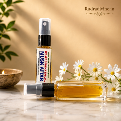 Musk Spray Attar 25ml with alcohol-free natural long-lasting fragrance by Rudradivine, featuring a rich musk-inspired aroma for puja, meditation, home use & gifting.