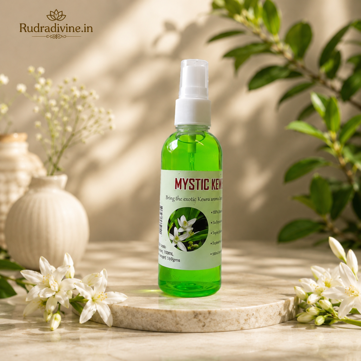 Natural Mystic Kewra Spray Attar 100ml with fresh Kewra floral aroma, pure long-lasting fragrance, convenient spray bottle and elegant fragrance profile by Rudradivine.