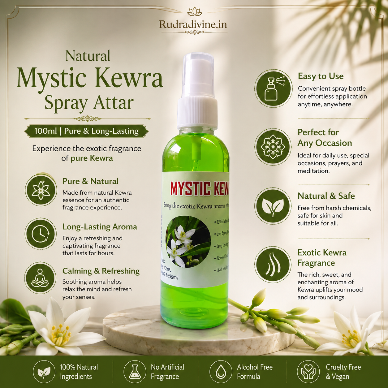 Natural Mystic Kewra Spray Attar 100ml with fresh Kewra floral aroma, pure long-lasting fragrance, convenient spray bottle and elegant fragrance profile by Rudradivine.