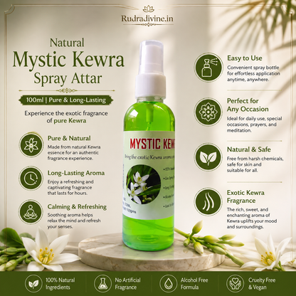 Natural Mystic Kewra Spray Attar 100ml with fresh Kewra floral aroma, pure long-lasting fragrance, convenient spray bottle and elegant fragrance profile by Rudradivine.